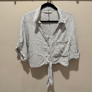 Zara Womens‎ Striped Tie Front Button Down Short Sleeve Blouse Top, Size L